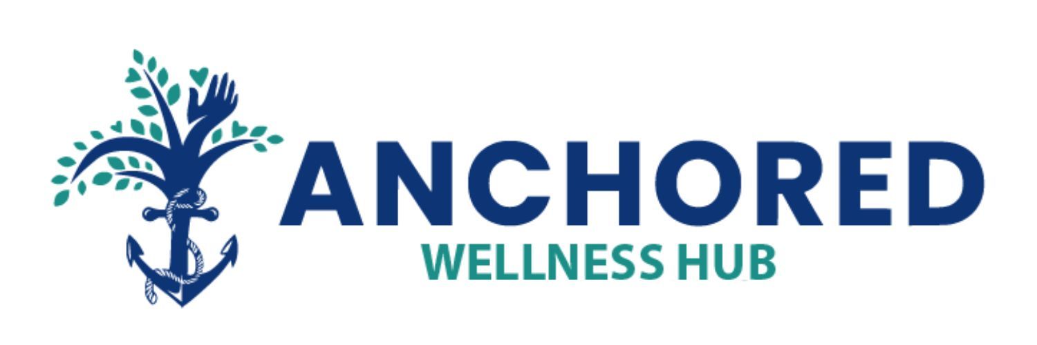 Logo for Anchored Wellness Hub, with a tree-shaped anchor and text in blue and teal.