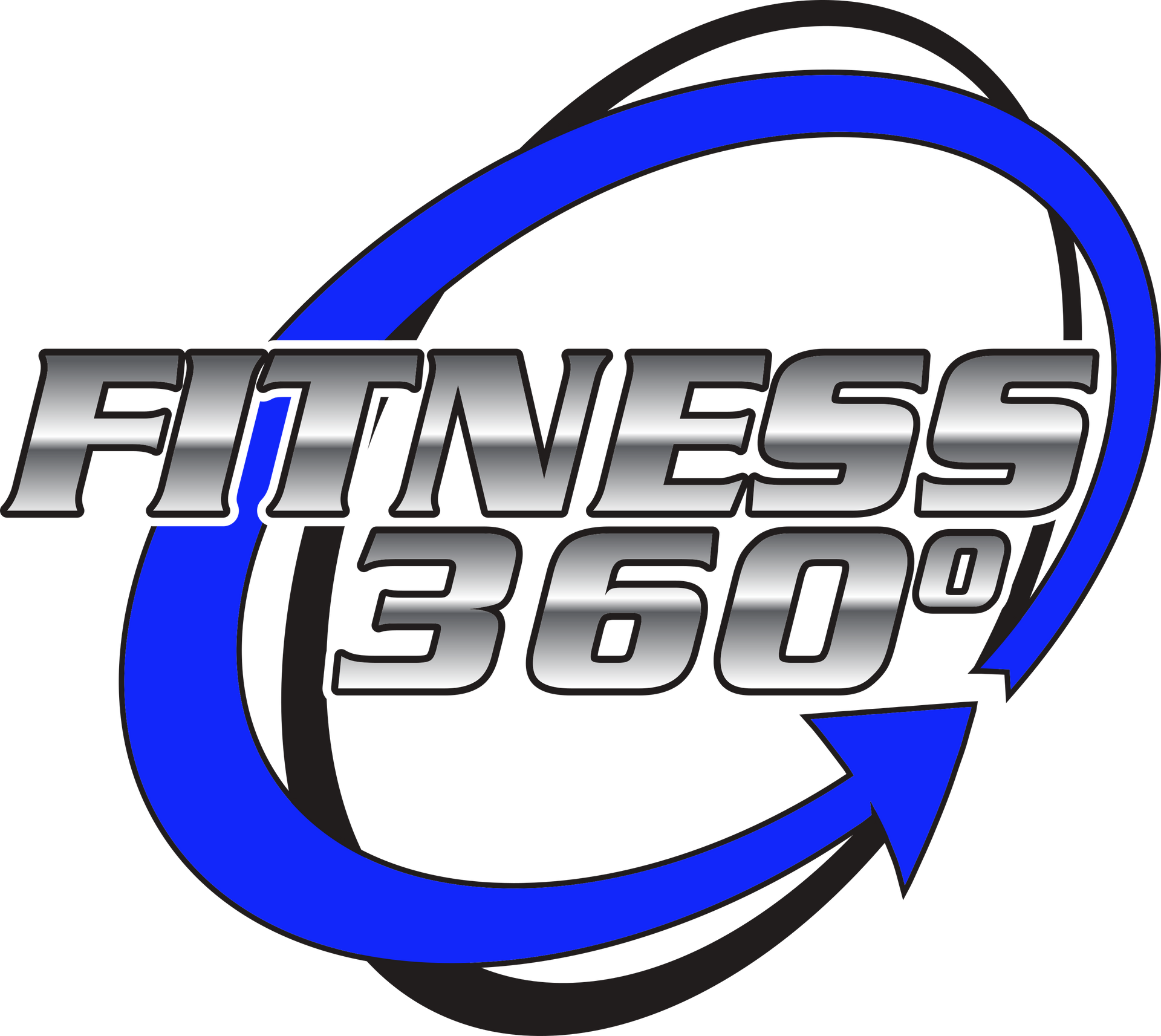Logo for 'Fitness 360°' featuring bold, silver lettering with a blue circular arc and an arrow pointing rightward.