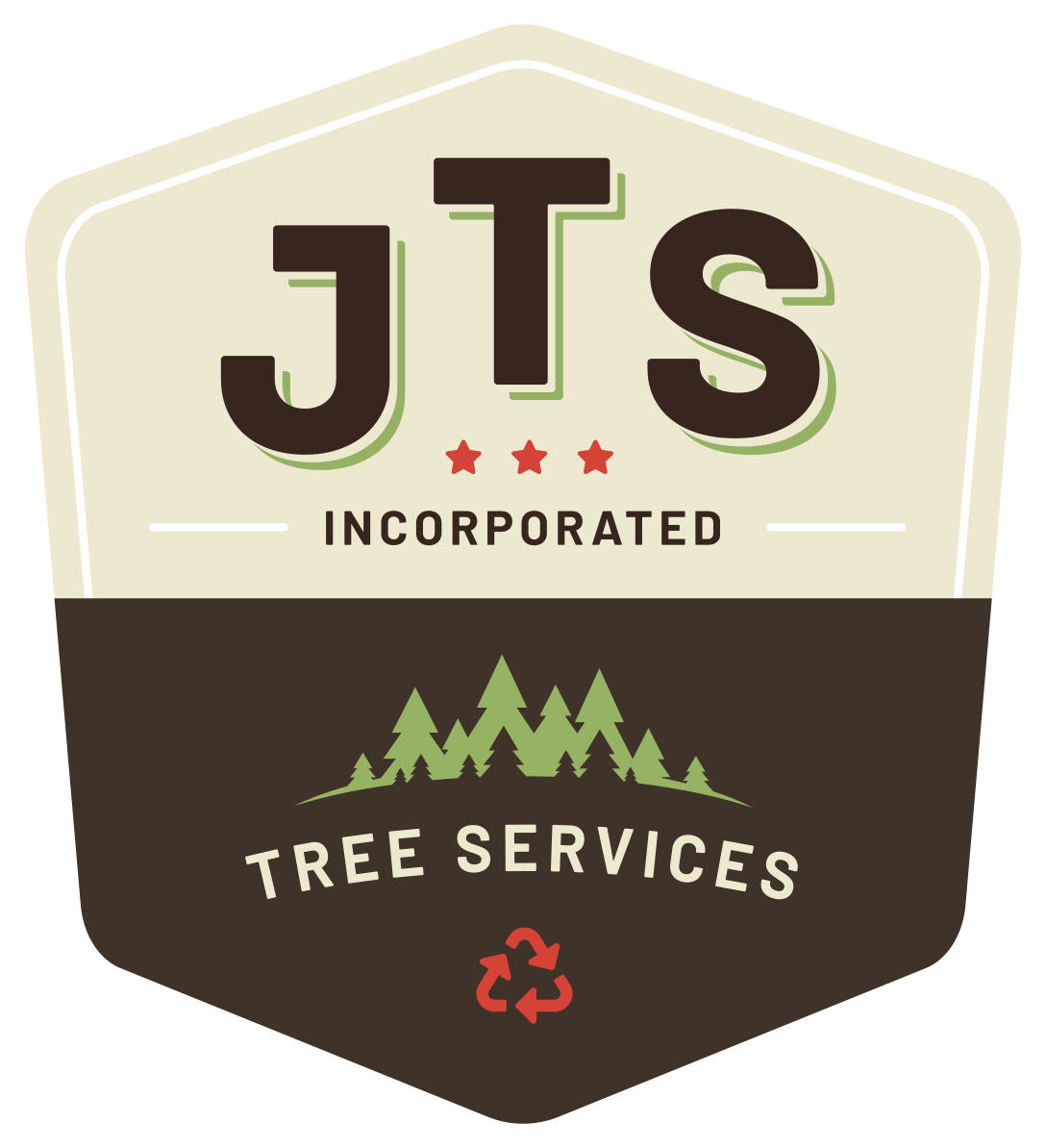 Logo for JTS Incorporated Tree Services: Brown and tan badge with pine trees, recycle symbol, and company initials.