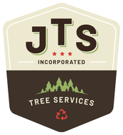 Logo for JTS Incorporated Tree Services: Brown and tan badge with pine trees, recycle symbol, and company initials.