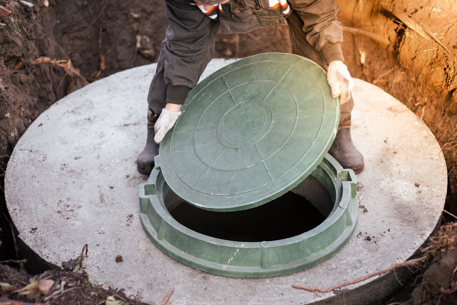 Worker opening a green circular manhole cover on a concrete utility chamber.