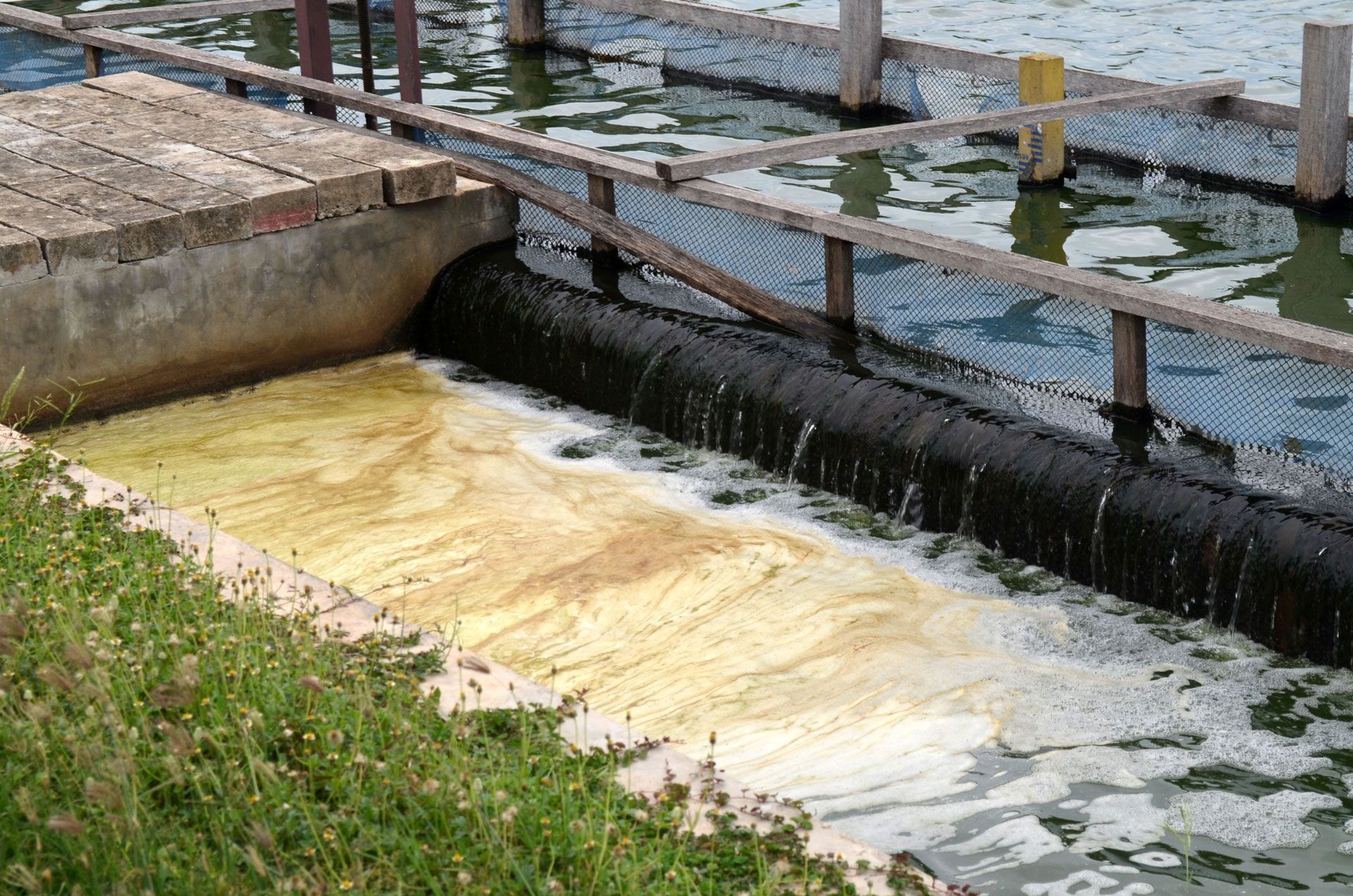 Water flowing through a small concrete canal spillway beside a dock and grass bank