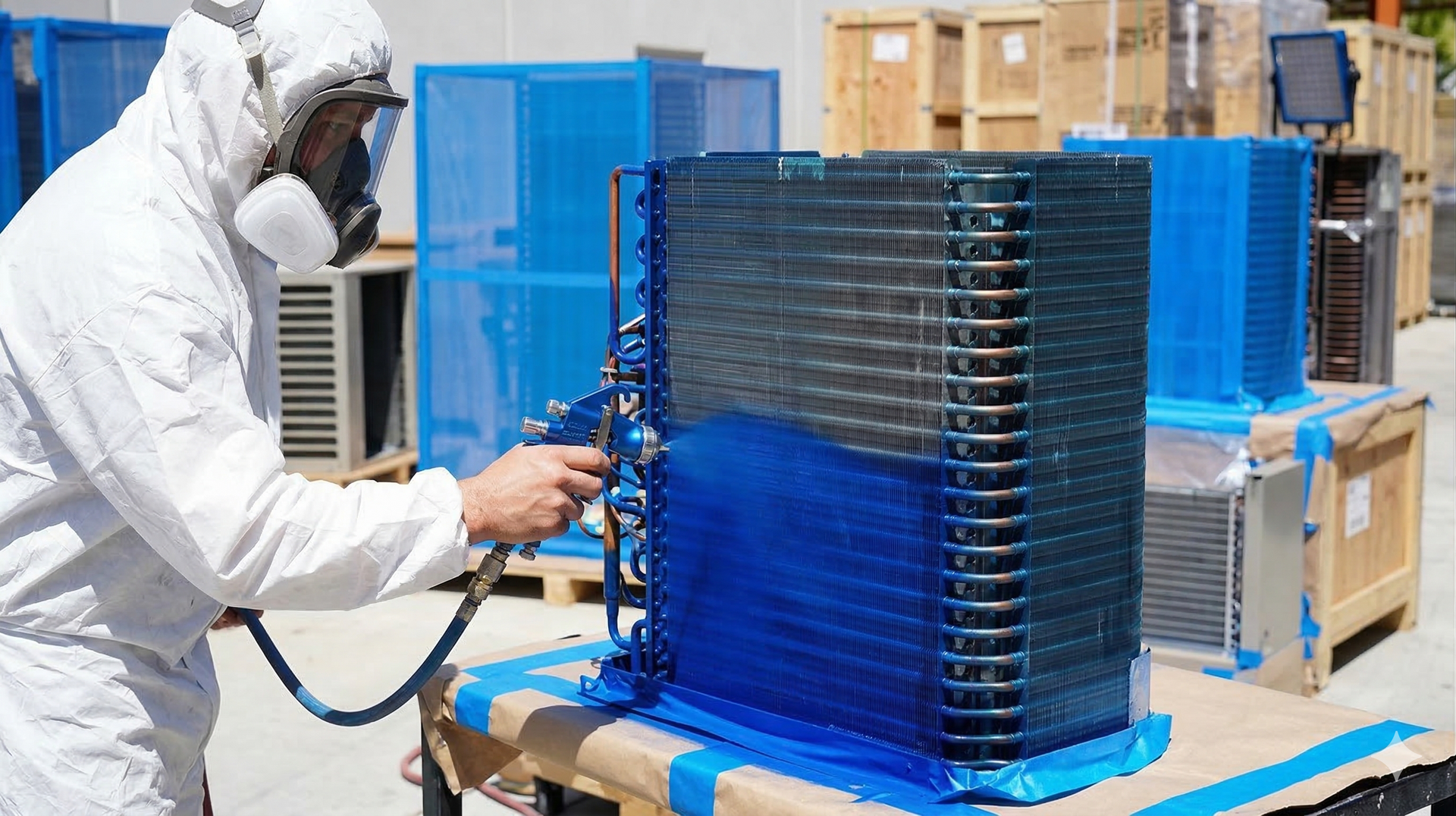 A person in a protective suit sprays a blue protective coating onto an HVAC coil outdoors.
