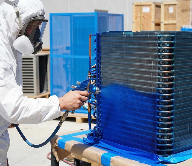 A person in protective gear spray-painting a blue HVAC coil unit at an industrial facility.