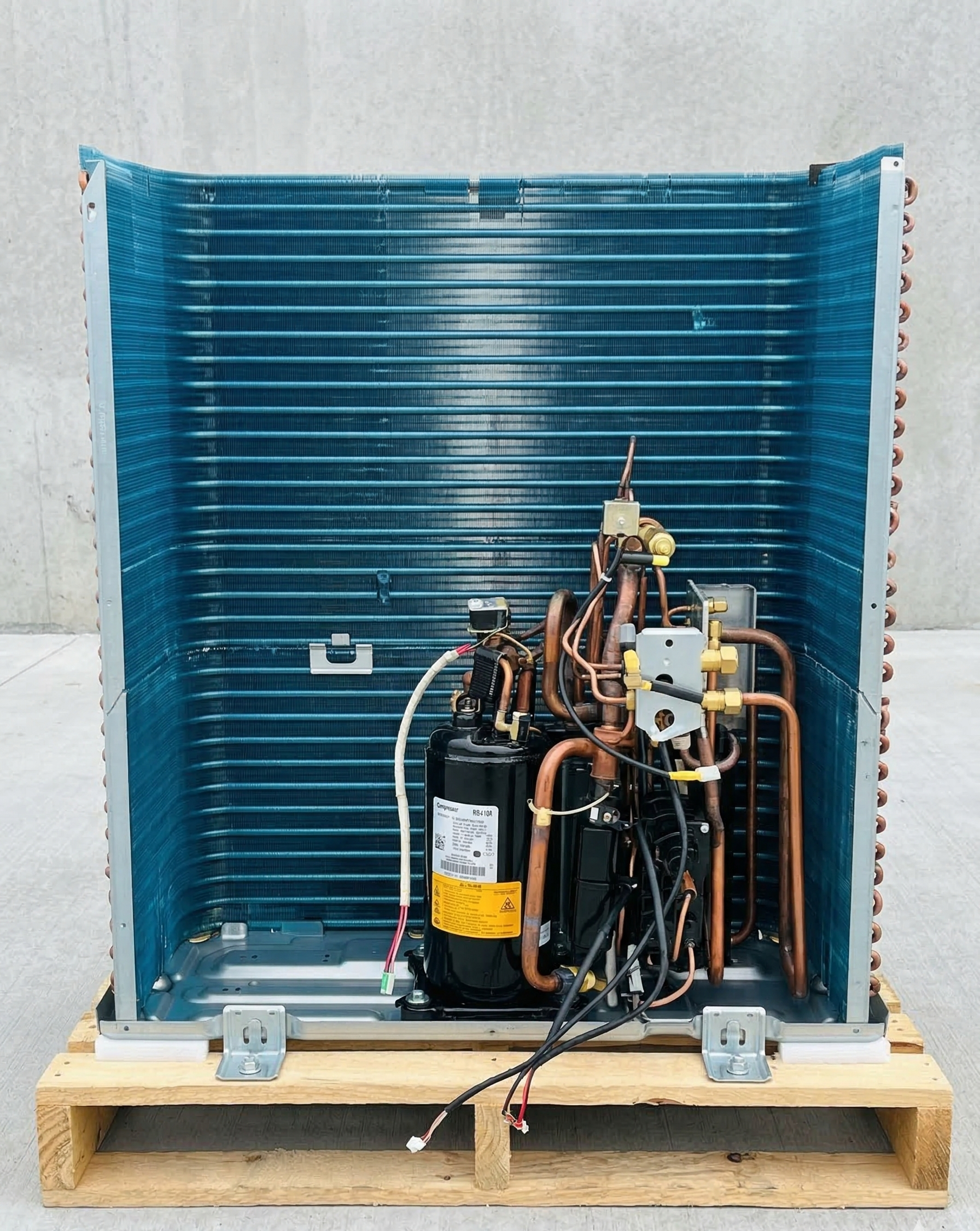 An industrial air conditioner condenser unit showing its internal black compressor, copper piping, and blue fins on a pallet.