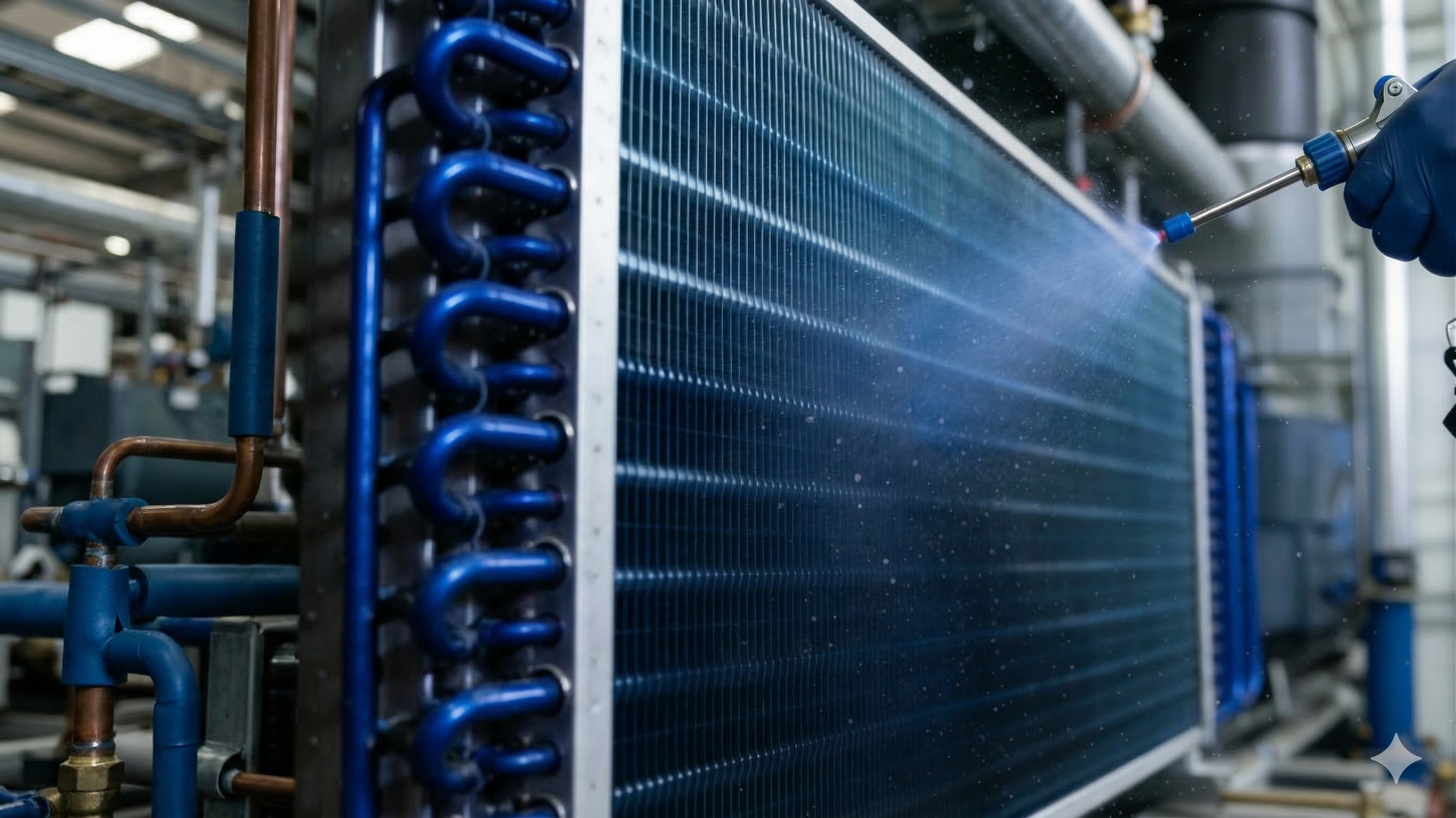 A person in a blue glove uses a spray nozzle to clean a blue industrial heat exchanger coil in a factory.
