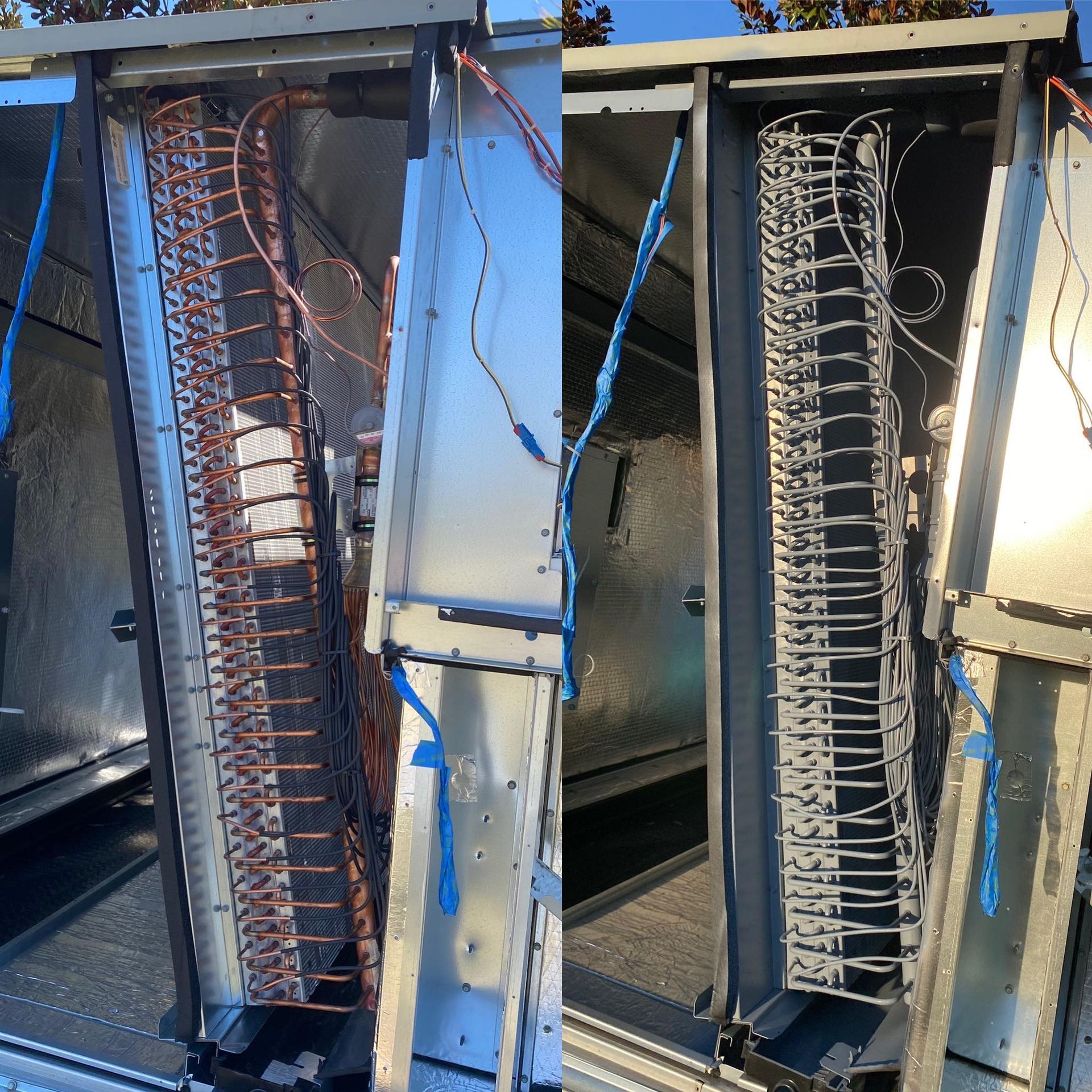 Split image comparing a clean copper coil on the left to an oxidized, white-coated coil on the right inside an HVAC unit.