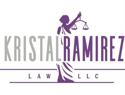 A purple logo for a law firm with a woman holding scales of justice.