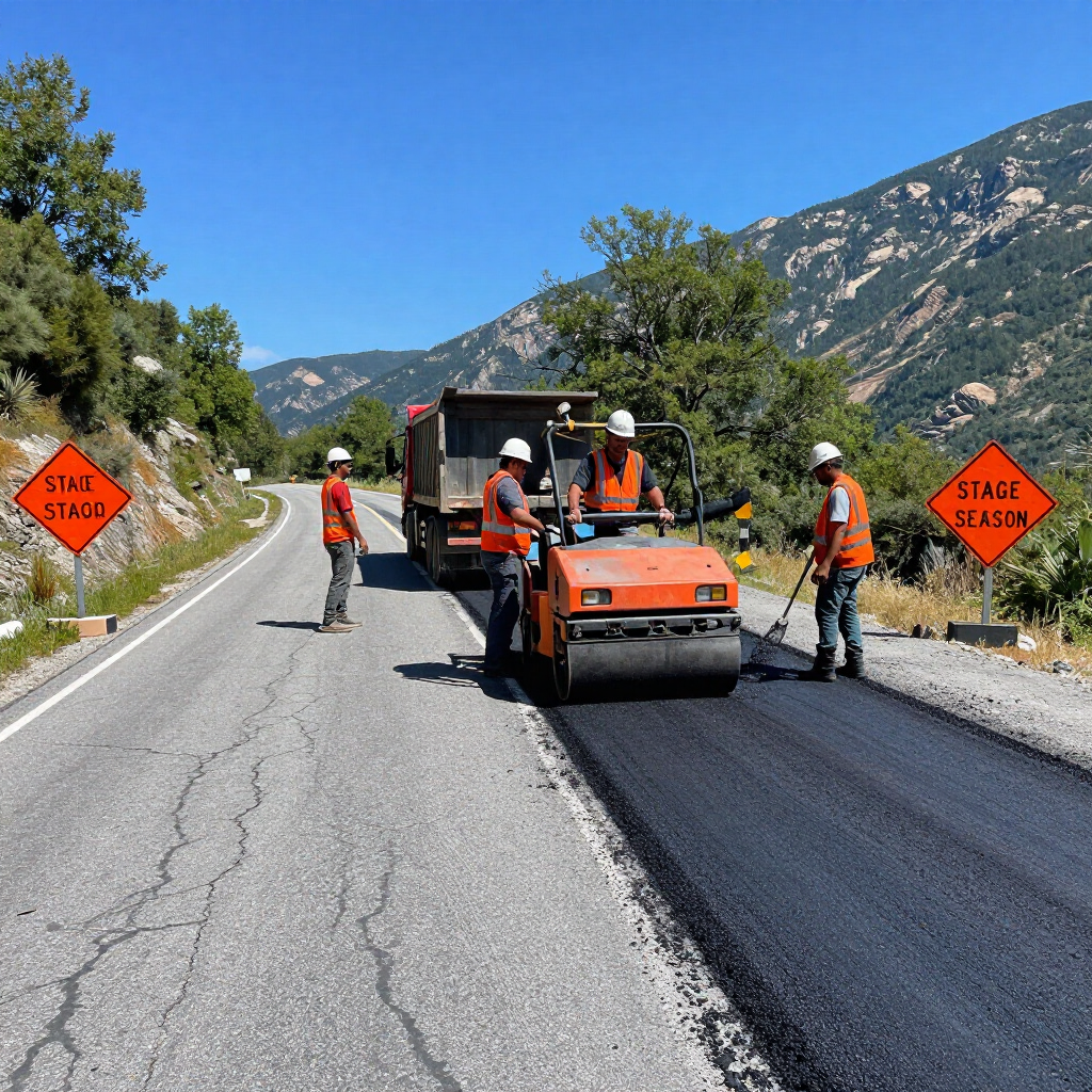 Road construction crew operating a steamroller on an asphalt-paved mountain road between two orange caution signs.