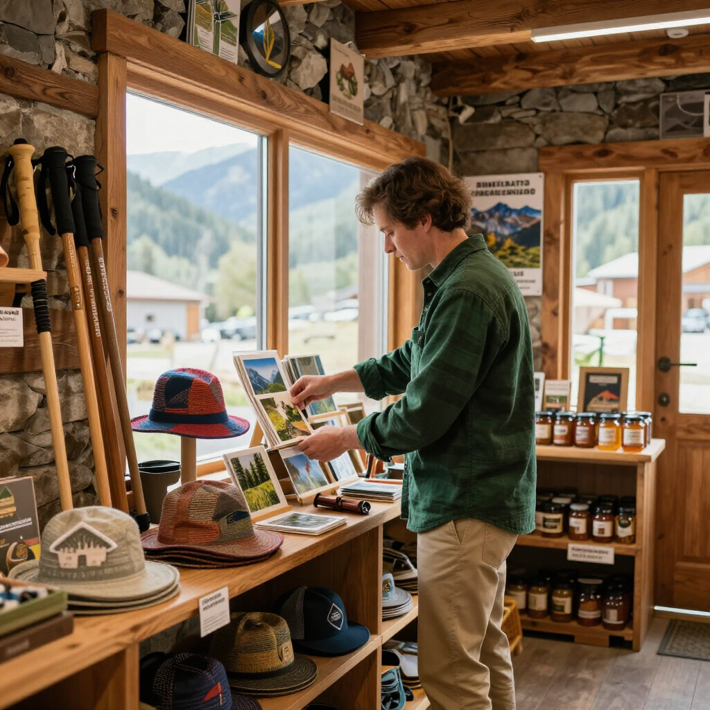A person in a green shirt browses postcards in a rustic shop filled with outdoor gear and hats.