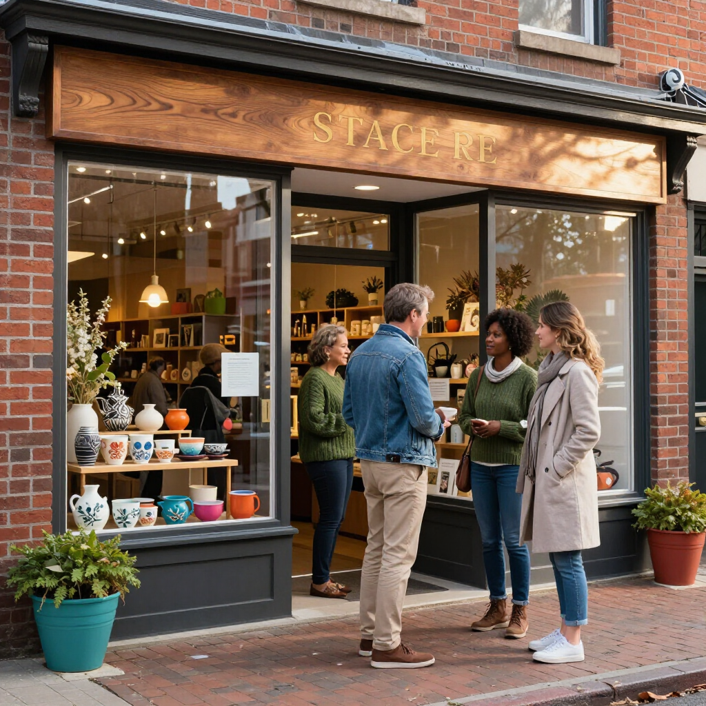 Four people talk outside the brick-fronted entrance of a shop displaying pottery and home decor in its windows.