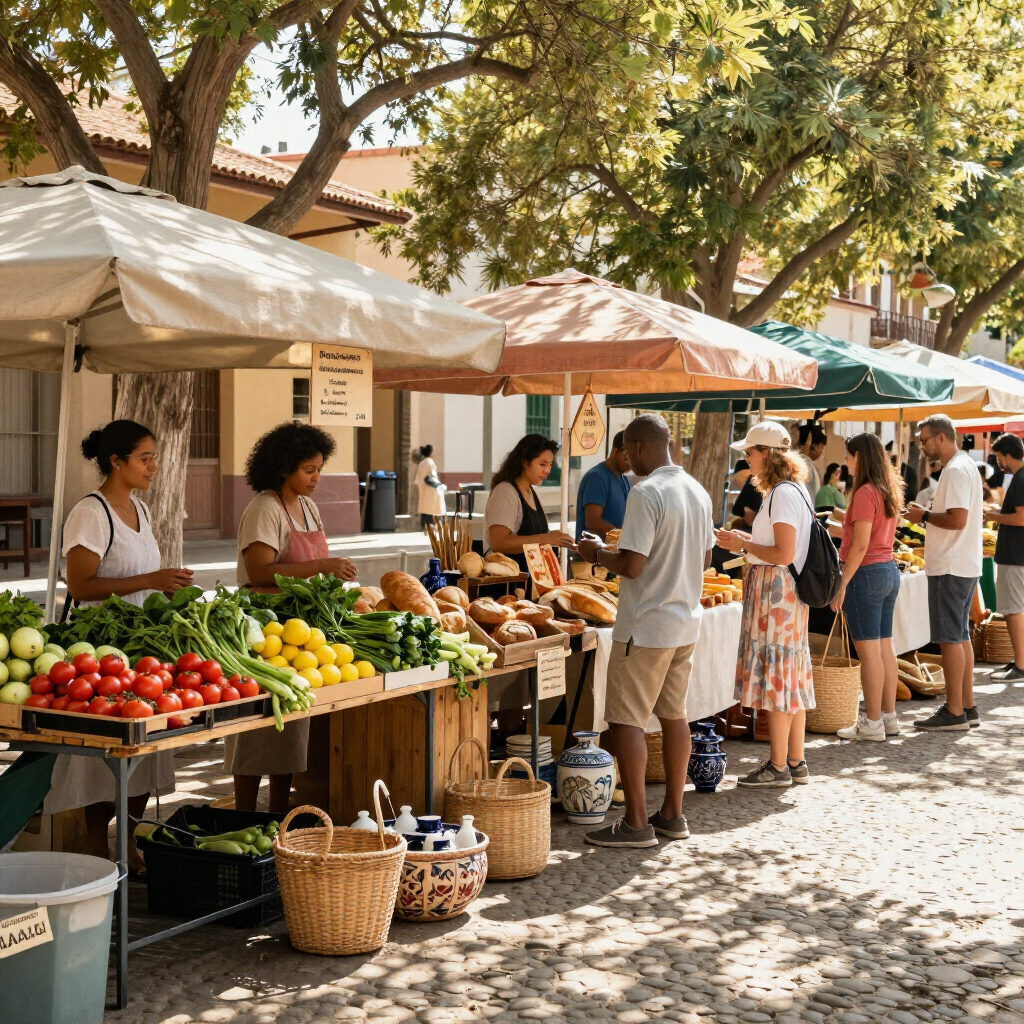 People browsing and shopping for fresh produce and baked goods at a sunny, outdoor farmers market lined with stalls.