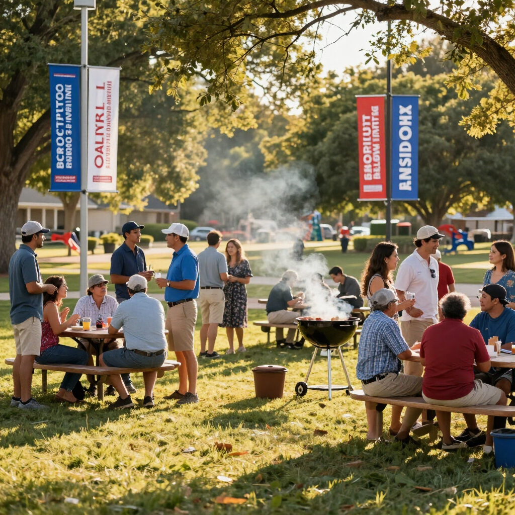 People gather at an outdoor picnic on a grassy lawn with banners, picnic tables, and a smoking grill.