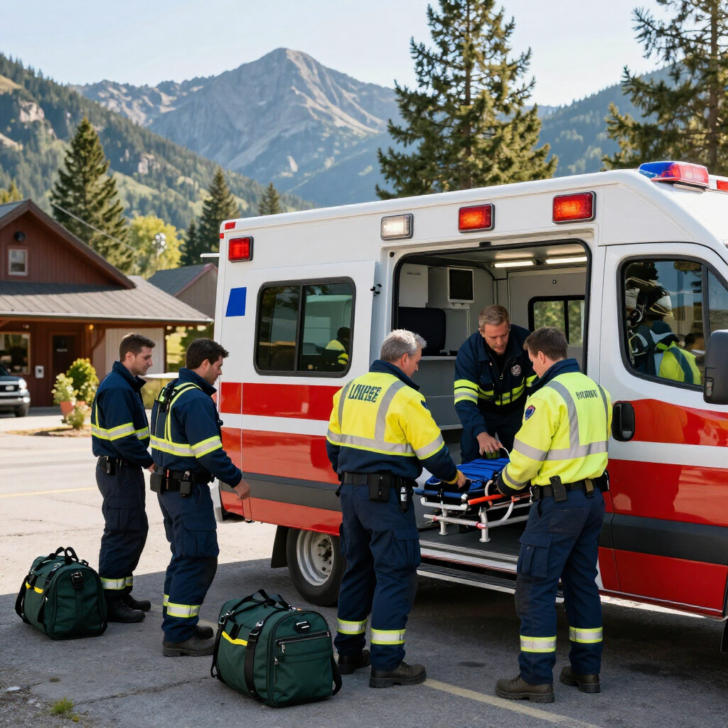 Four paramedics in high-visibility gear work near an ambulance parked in a mountainous area.