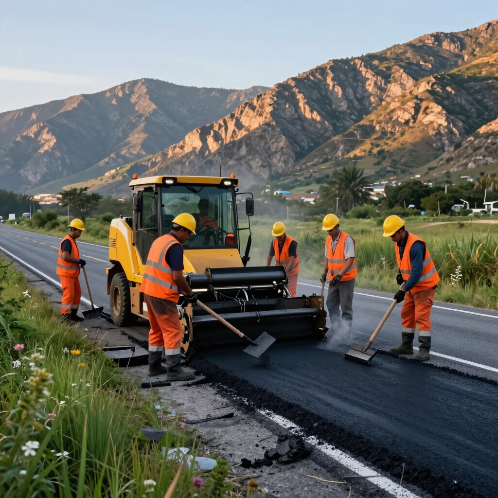 Construction workers in hard hats and high-visibility vests pave a road beside a yellow machine with mountains in view.