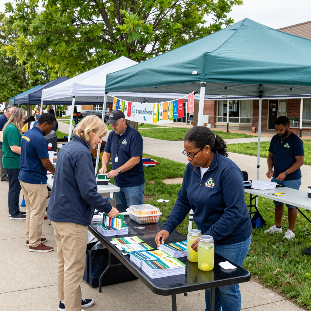 Event staff at outdoor information tables under tents, distributing materials to visitors.