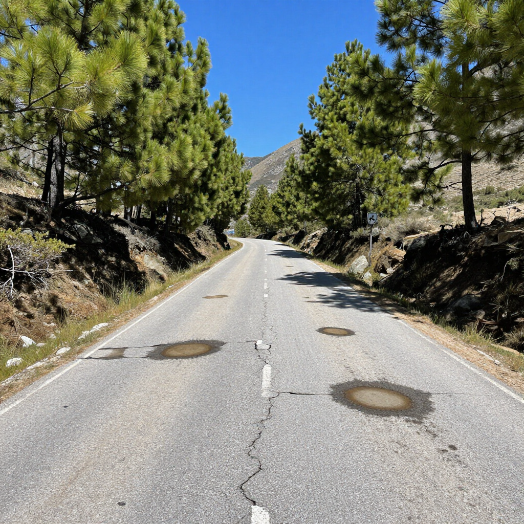 A straight, paved road with oil stains, framed by evergreen trees and rocky hills under a clear blue sky.