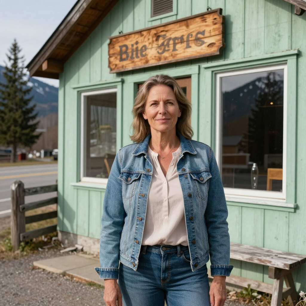 A person in a denim jacket stands before a light green building with a wooden sign above the door.
