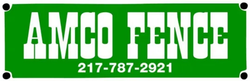 AMCO FENCE logo on a green rectangle with white text and a phone number. Black dots on corners.