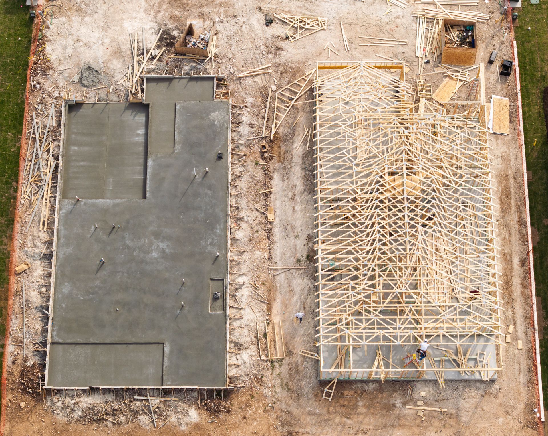An aerial view of a house under construction
