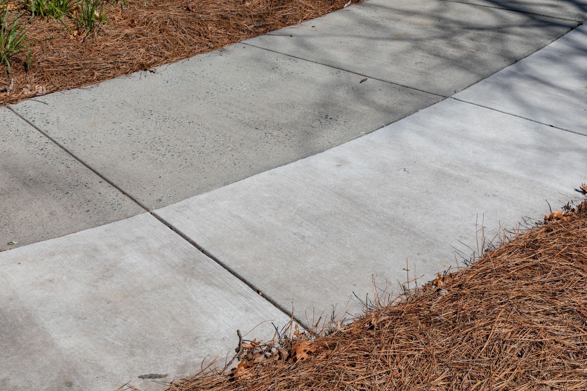 A concrete sidewalk with brown mulch on the side