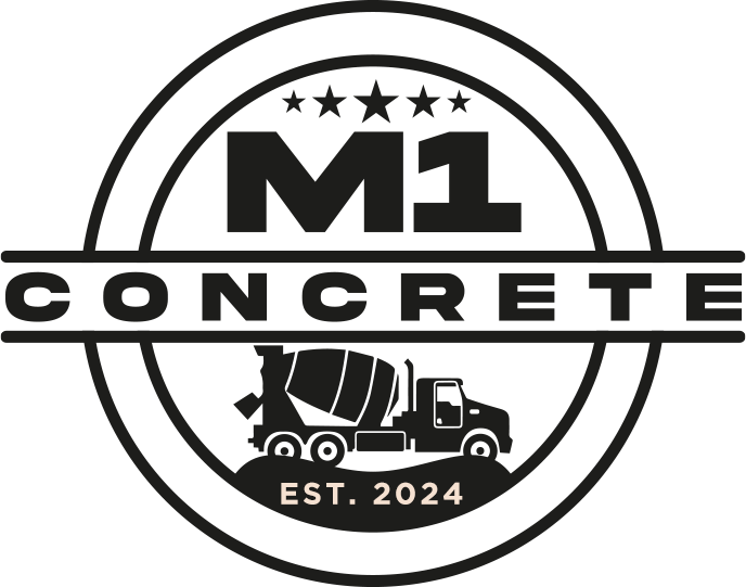 M1 Concrete Inc The logo for m1 concrete is black and white and shows a concrete truck.