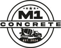 M1 Concrete Inc The logo for m1 concrete is black and white and shows a concrete truck.