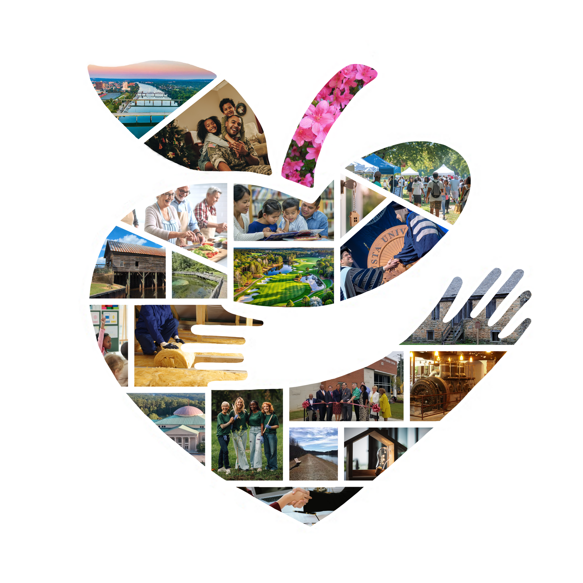 Collage of colorful photos forming a stylized logo with a heart shape and hands reaching up