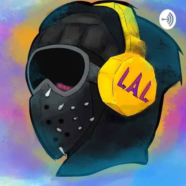 Stylized hooded masked figure with yellow headphones labeled “LAL” on a colorful background
