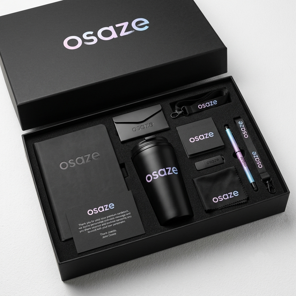 Black Osae gift box with assorted skincare products neatly arranged inside.