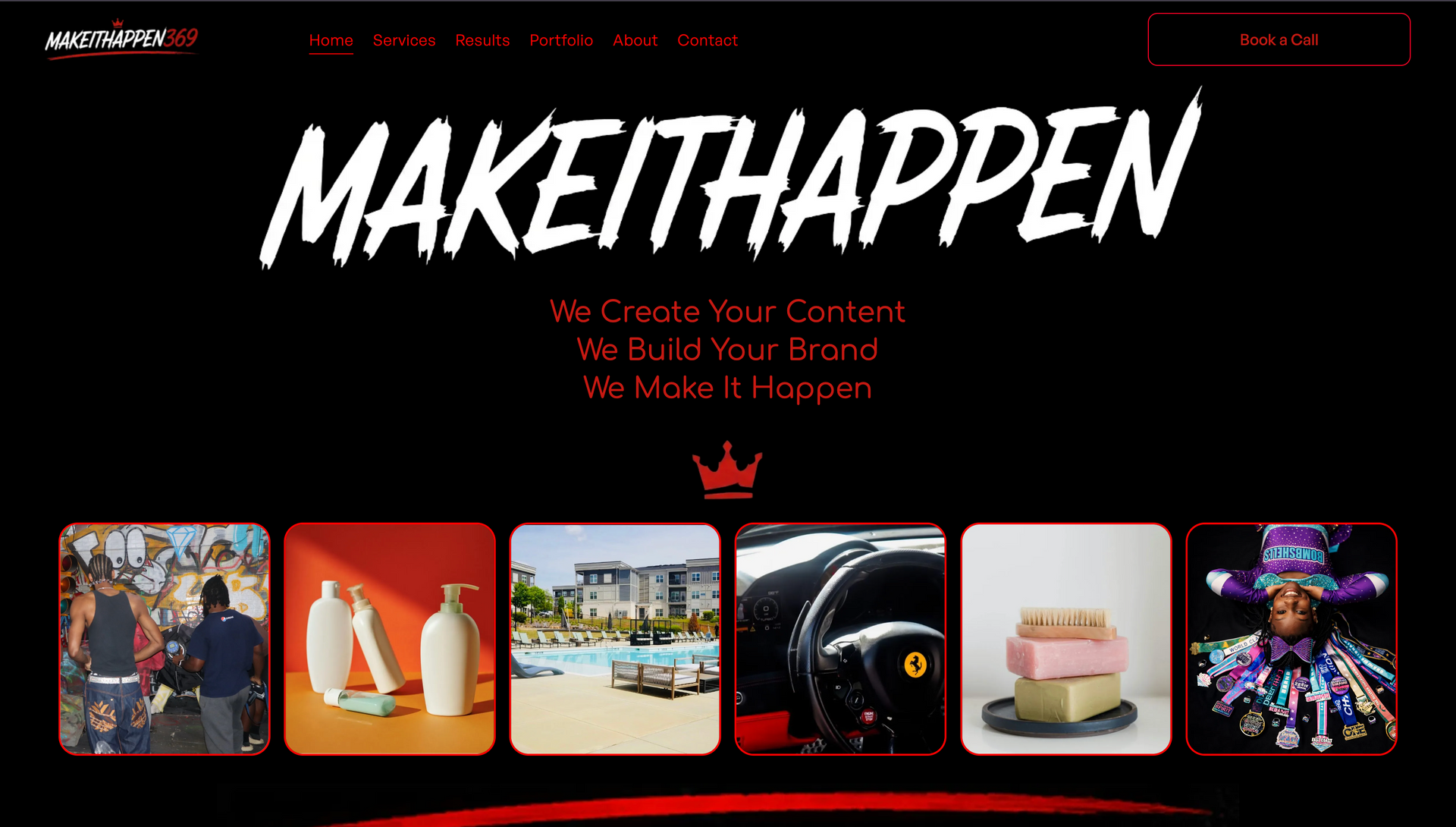 Dark webpage with bold “MAKEITHAPPEN” title and a row of six colorful photo thumbnails.