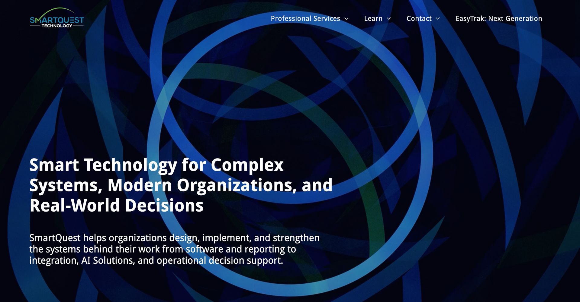 Blue abstract circles on a dark background with title text about smart technology for complex systems and decisions
