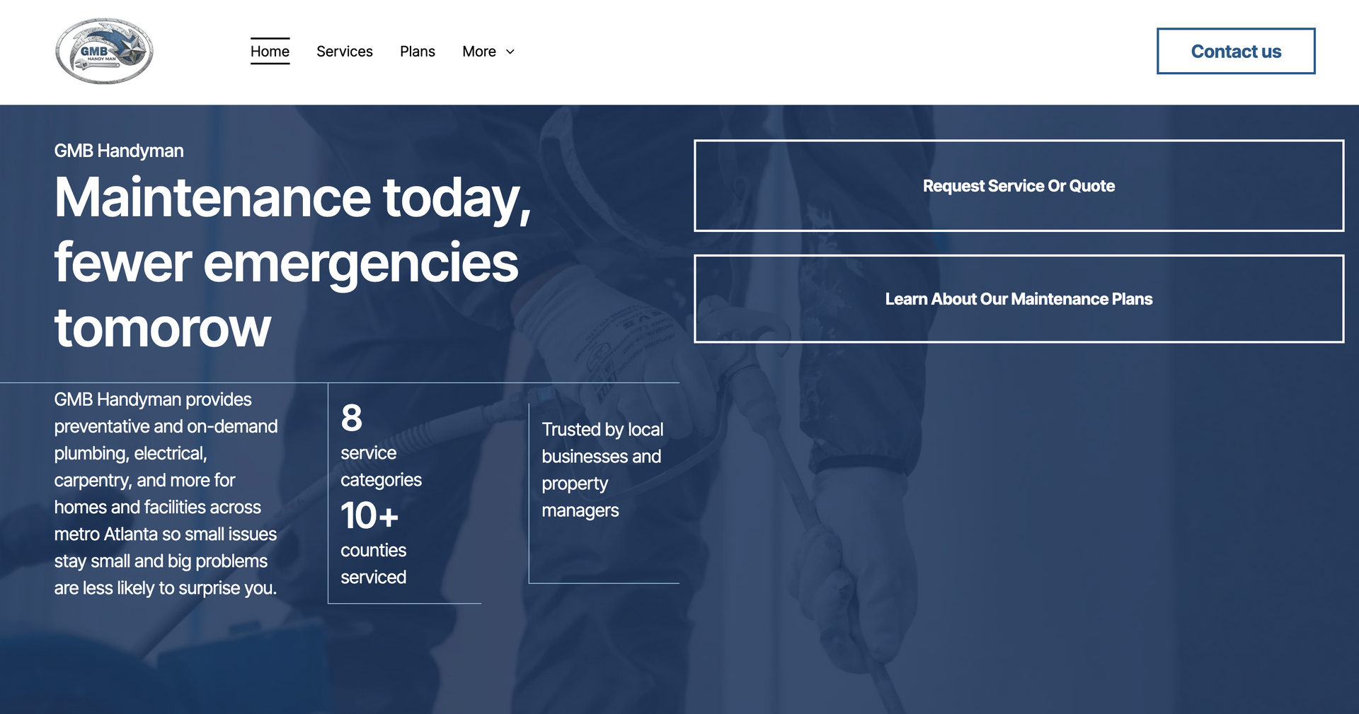 Website homepage with dark blue maintenance banner reading “Maintenance today, fewer emergencies tomorrow”