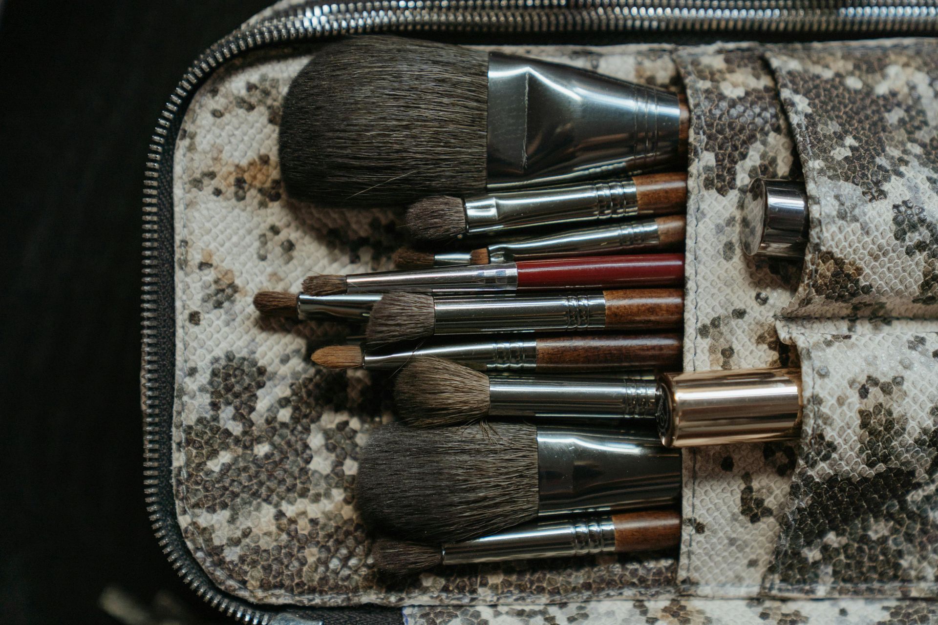 Makeup brushes and cosmetics in a patterned zippered case