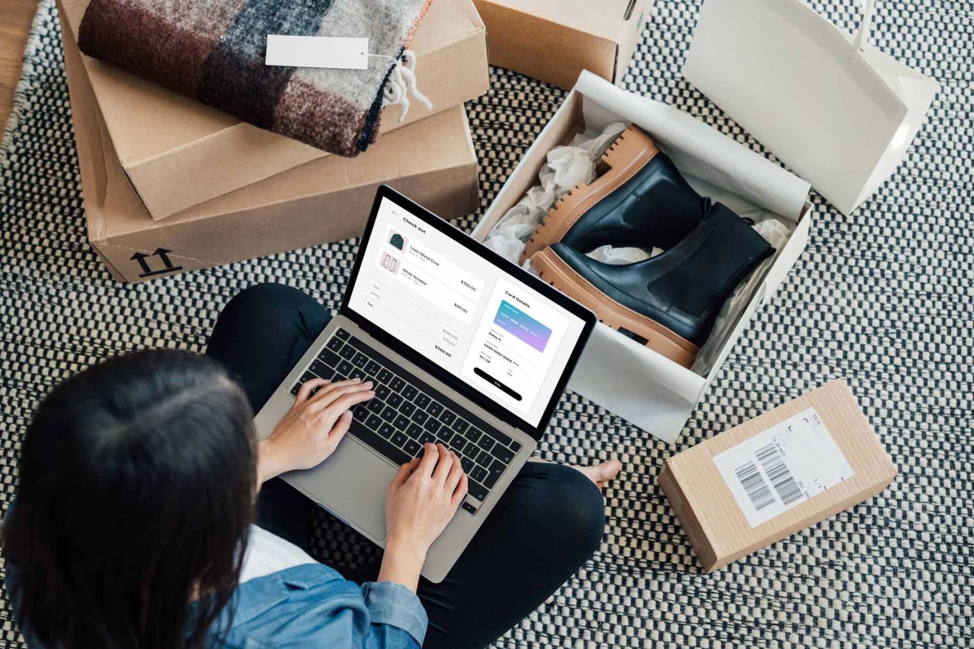 Woman using laptop next to boxes — Jacksonville, FL — Beaches Family Law Woman using laptop next to boxes — Jacksonville, FL — Beaches Family Law