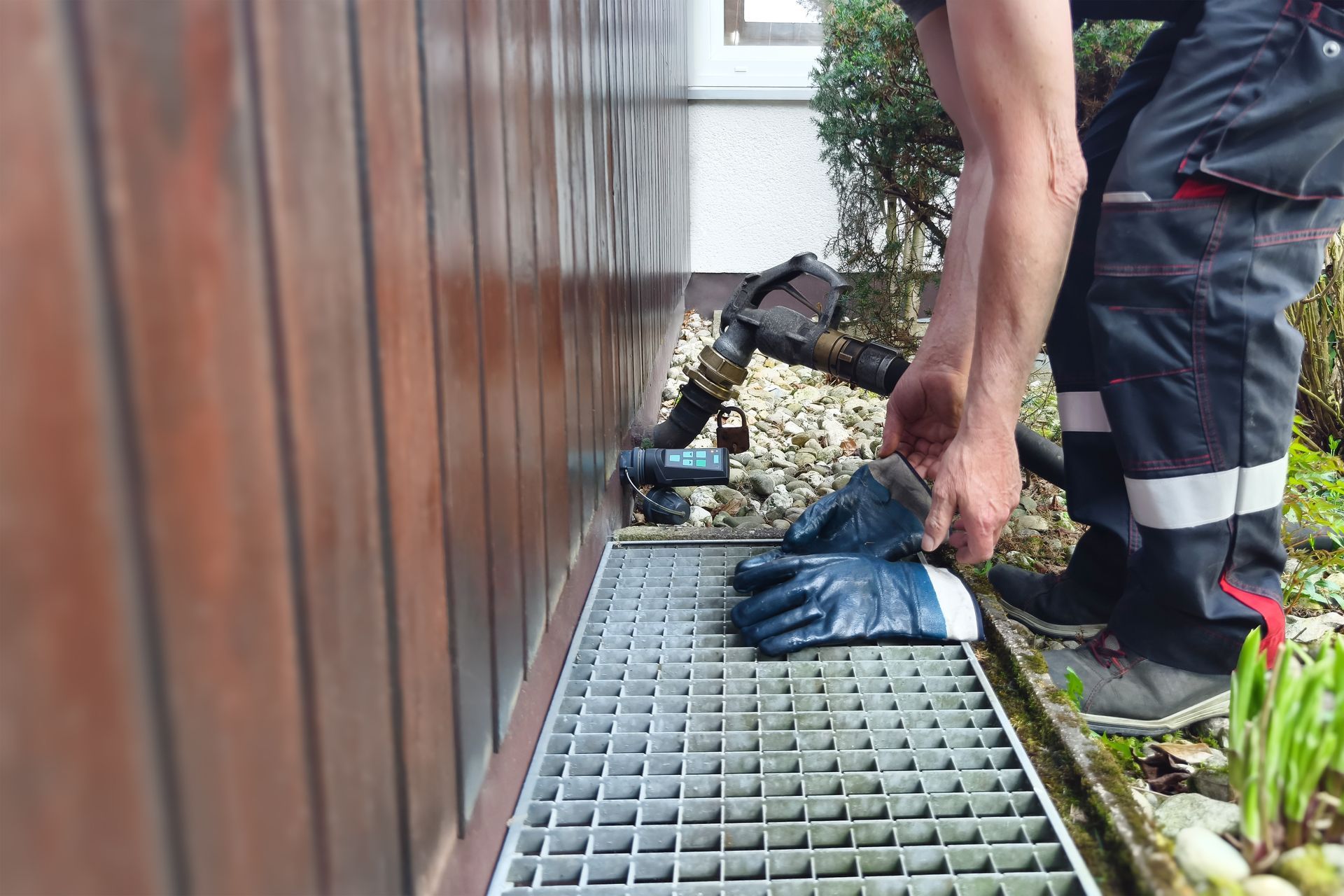 A person wearing work pants and boots placing blue protective gloves on a metal grate near a wooden wall and oil tank pipe.