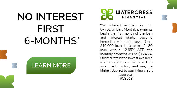 Advertisement for Watercress Financial: 'No interest for the first 6 months' with fine print and a 'Learn More' button.