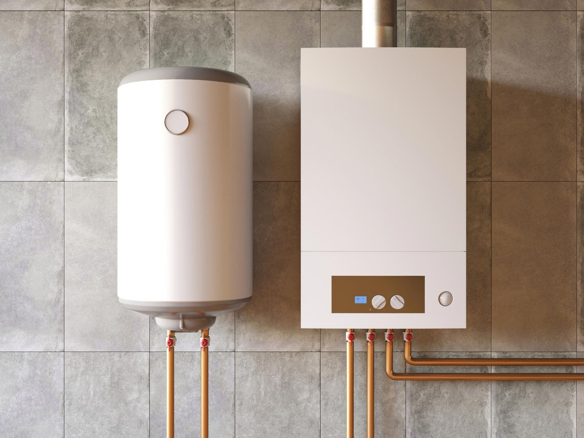 White water heater and boiler on a gray tiled wall, with copper pipes.