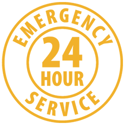 A circular yellow badge with the words