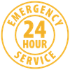 A circular yellow badge with the words 