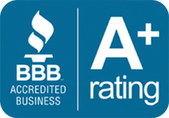 BBB Accredited Business logo on a blue background with an A+ rating displayed to the right.