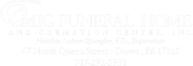 Faint grayscale banner text for Emig Funeral Home and Cremation Center Inc., in a large stylized logo and smaller address lines.