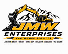 JMW Enterprises Earthwork Services logo with mountain graphic and phone number (209) 603-1204