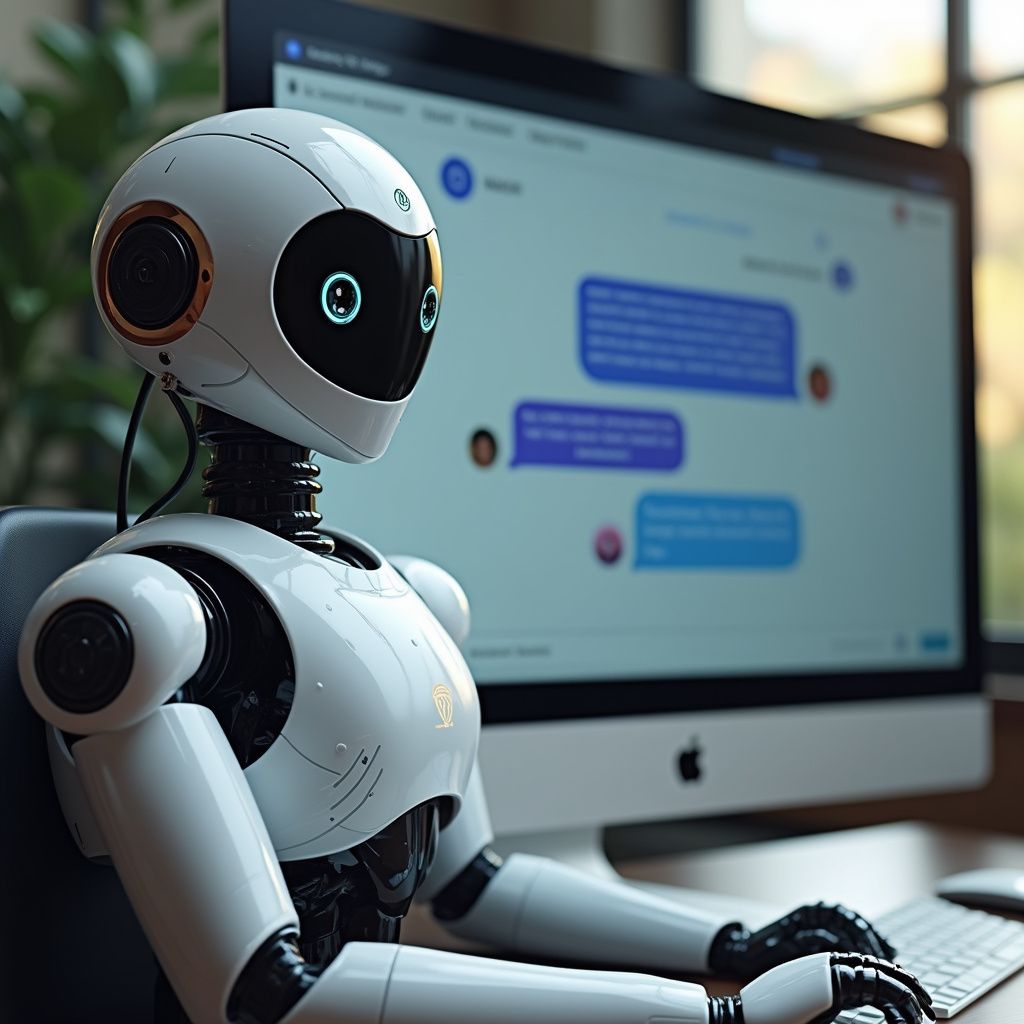 Robot with white body sits at a computer, looking at a chat window.