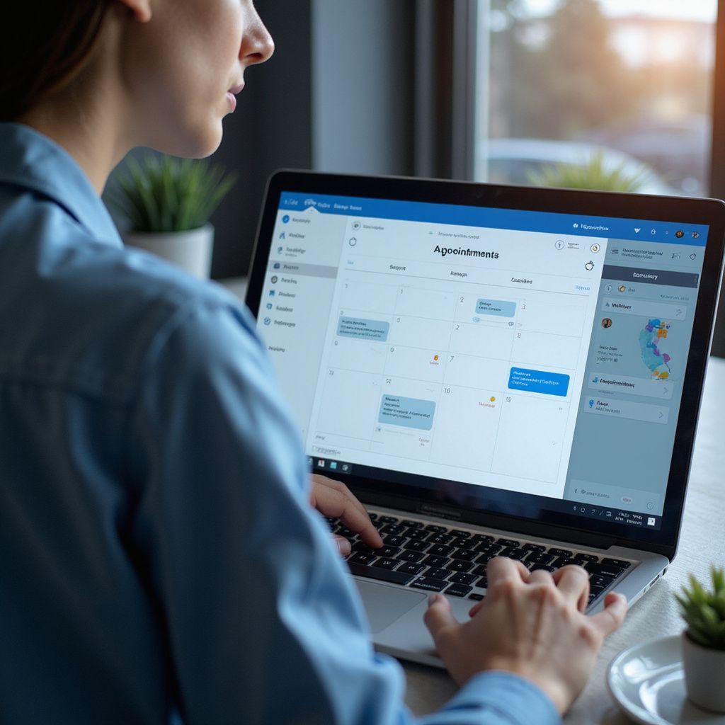Woman in blue shirt using laptop, viewing a calendar application.
