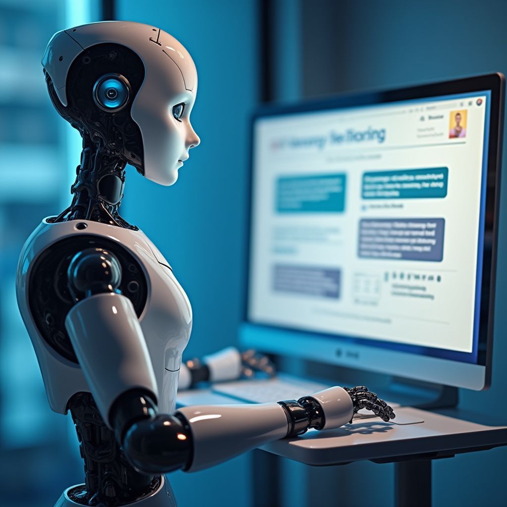Robot looking at a computer screen displaying website text; blue and white color scheme.