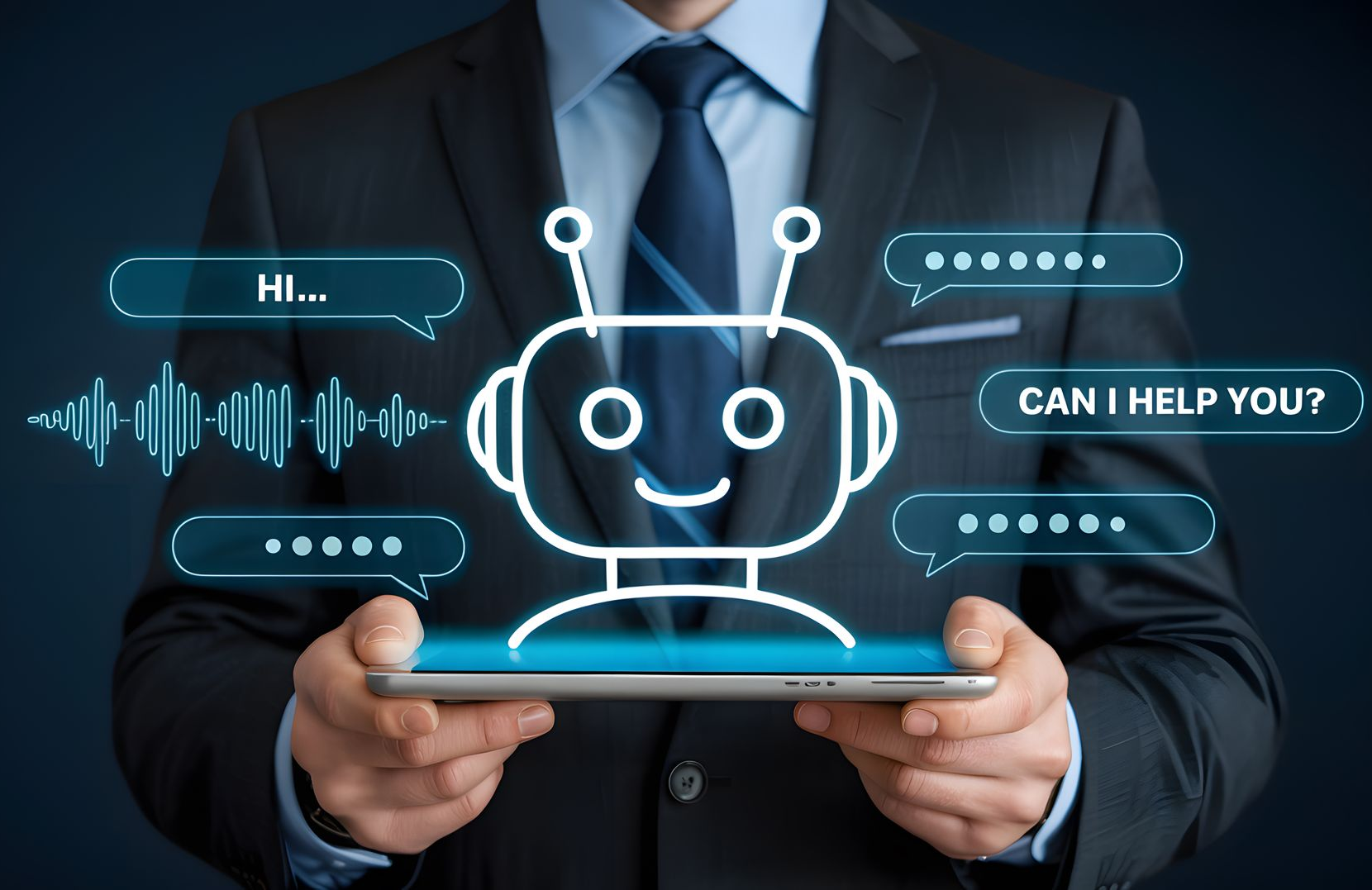 Businessman holding a tablet with a glowing chatbot icon and speech bubbles about AI help