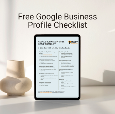 A tablet displays a Google Business Profile setup checklist. It sits on a table near a vase. The text reads 
