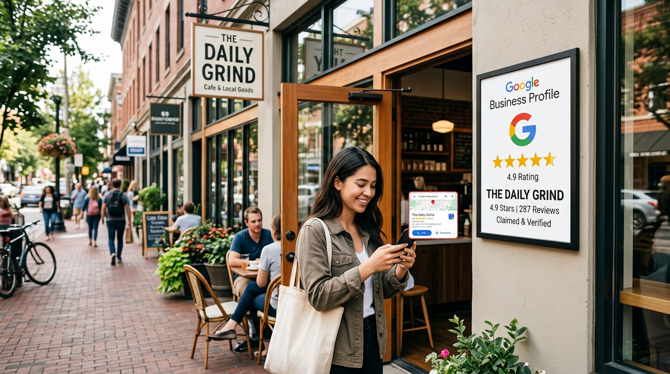 Woman reading phone outside a café with a “Daily Grind” sign and Google reviews board