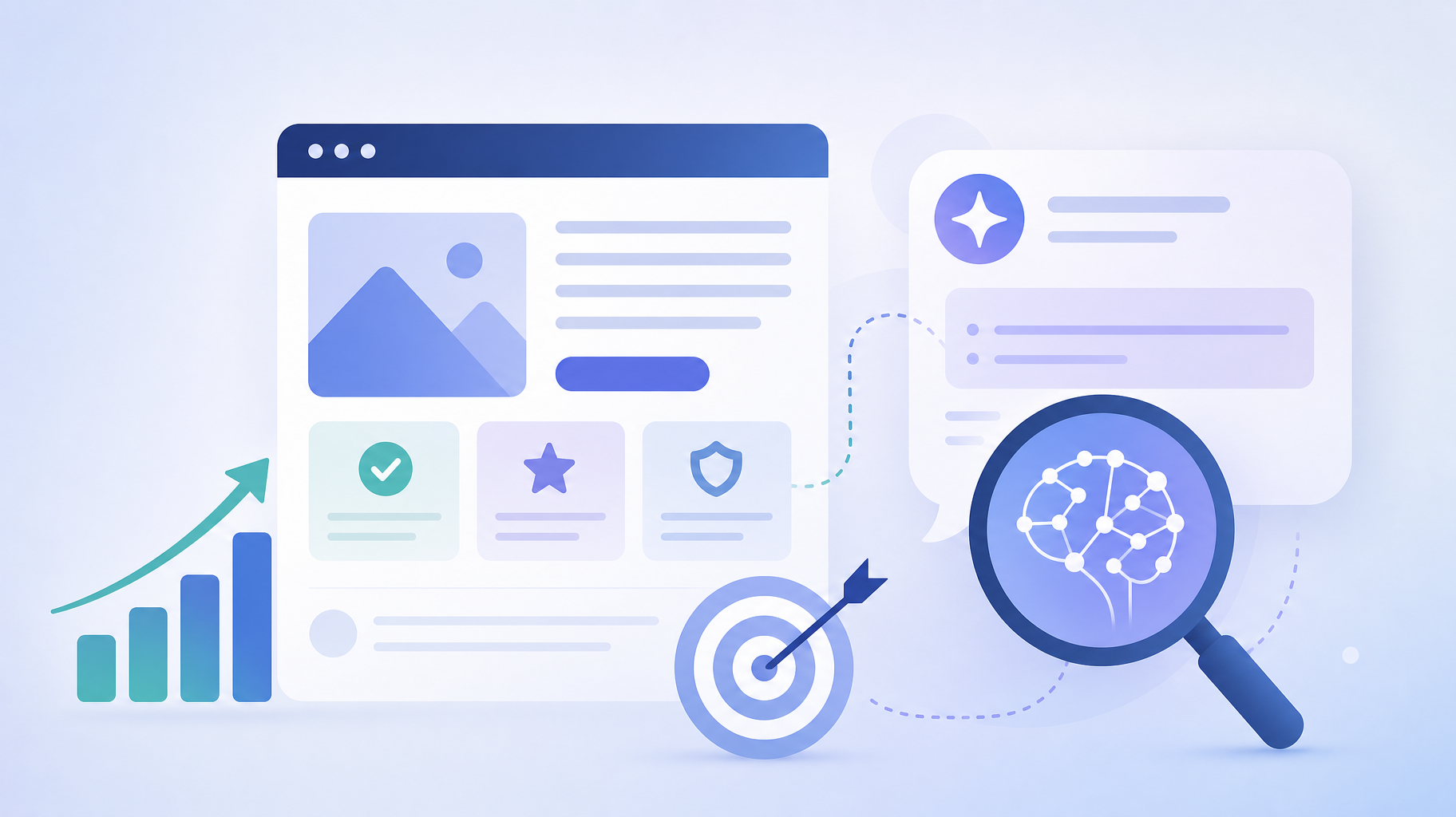 Blue analytics dashboard with upward graph, target icons, and magnifying glass highlighting data search